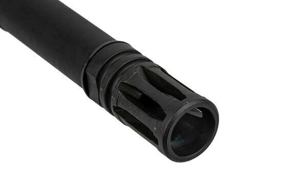 The LMT Ar10 308 barrel comes with an A2 flash hider already installed